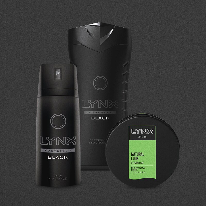 Lynx gift pack with three items – Lynx bodyspray deodorant, Lynx bodywash and Lynx styling clay
