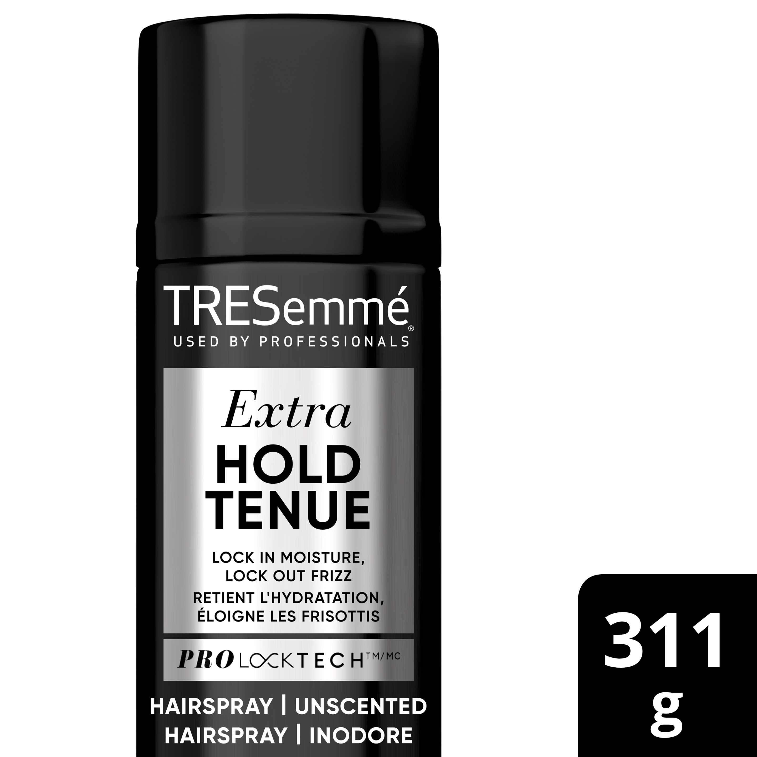 Image de l'avant de la bouteille de TRES Two Unscented Extra Hold Hair Spray de 311 g